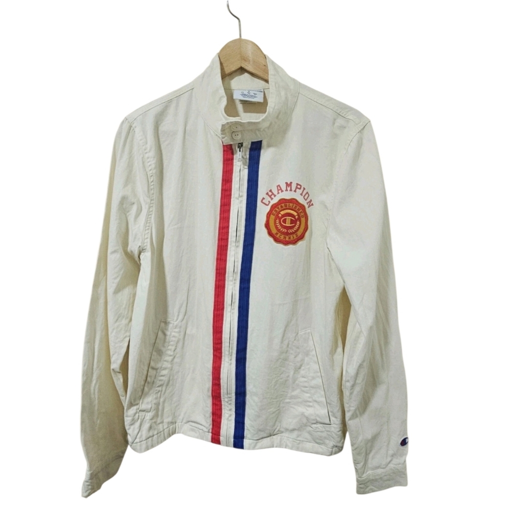 Champion Cream Full Zip Racing Stripe Jacket Embroidered Patch Small